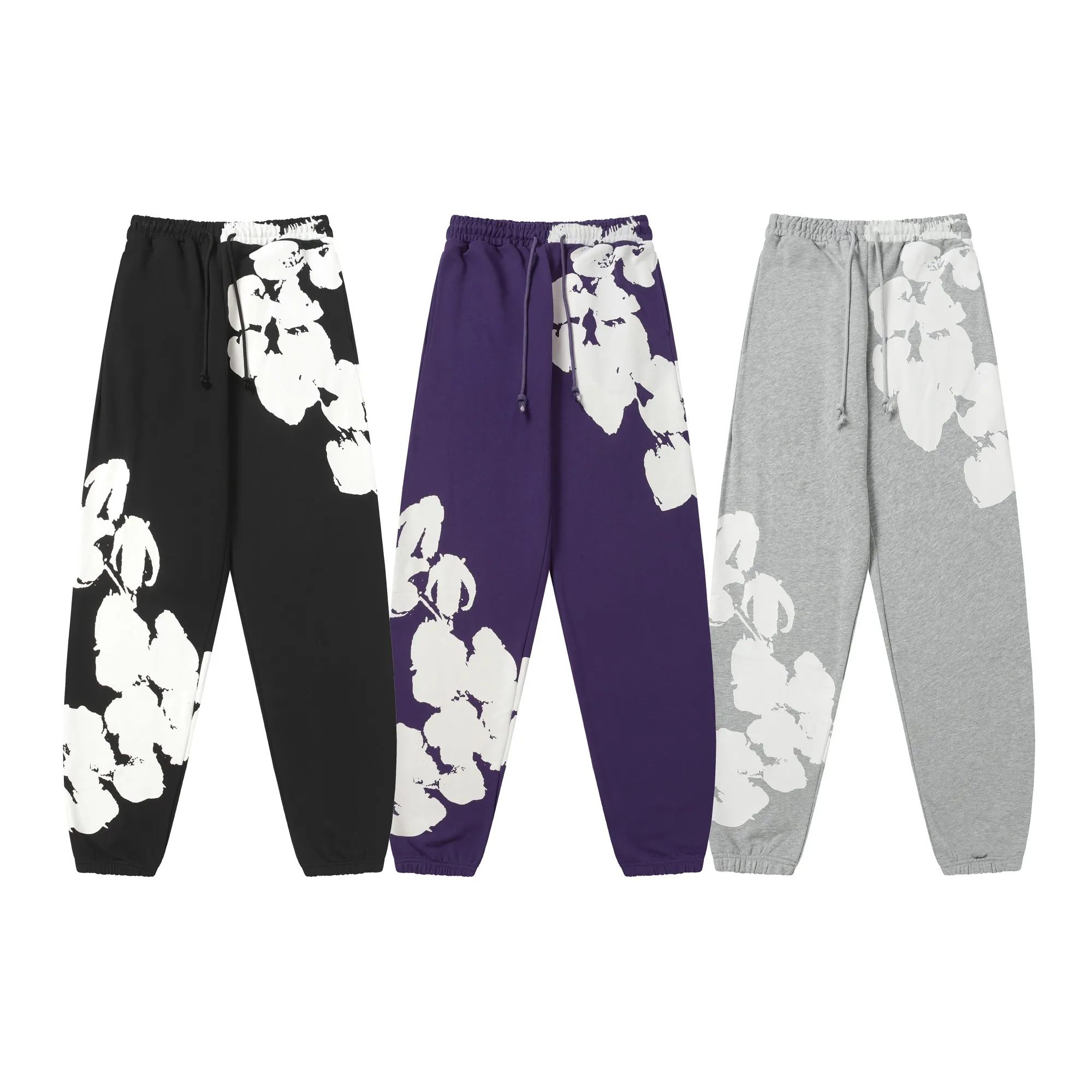 8002# DENIM TEARS Kapok European and American trendy brand high-quality printed hooded sweatshirt set. Terry fabric weighs 380 grams. Threads are customized and dyed in the same color. Color Black Gray Purple Size S-XL